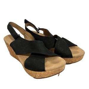 Clarks Women’s Annabel Wedge Sandal Size 8.5 Black Cross Strap Buckle Comfort